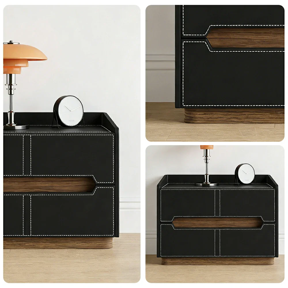 LIVARA Bedside Table - Drawer Storage, Saddle Leather Upholstery, Multi-Layer Pine Wood Structure, Modern Minimalist Nightstand - Black - Image 3
