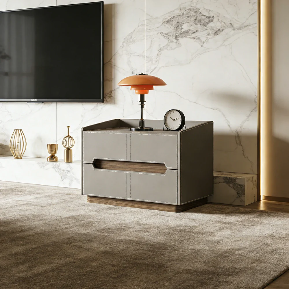 LIVARA Bedside Table - Drawer Storage, Saddle Leather Upholstery, Multi-Layer Pine Wood Structure, Modern Minimalist Nightstand - Grey - Image 2