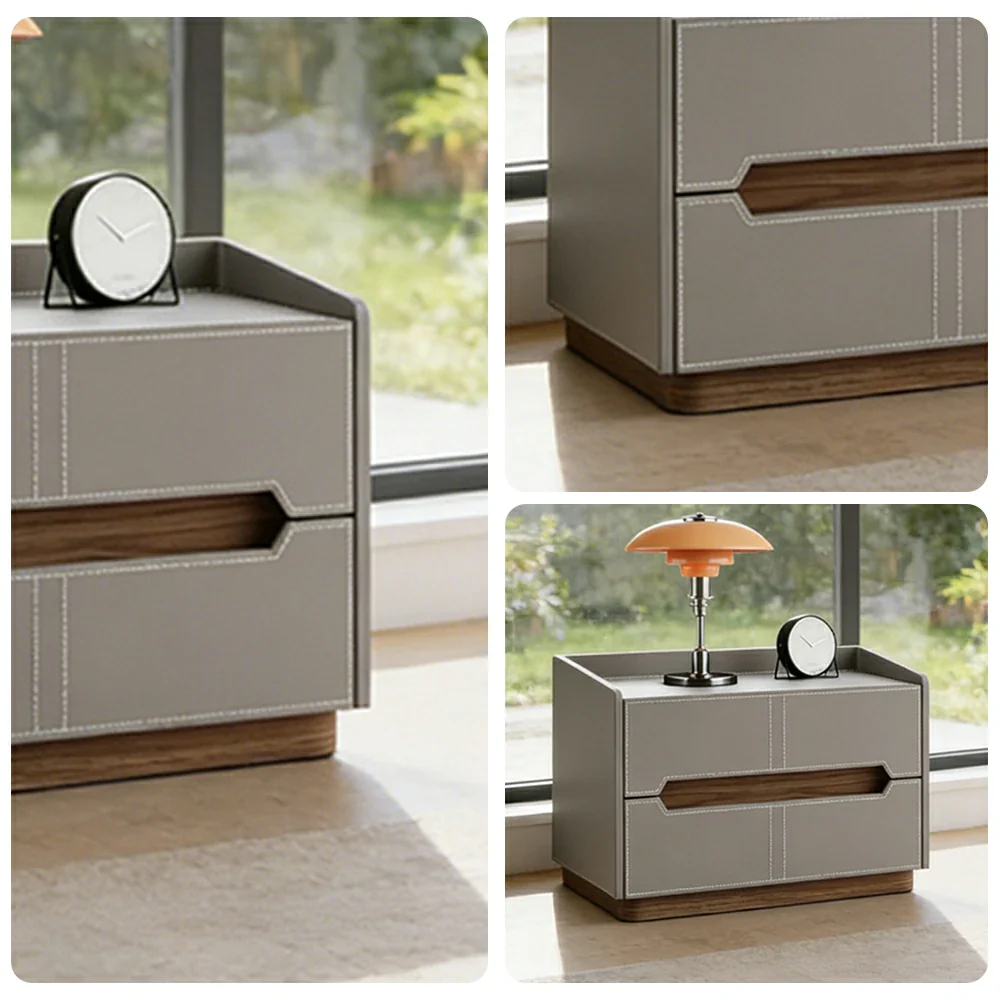 LIVARA Bedside Table - Drawer Storage, Saddle Leather Upholstery, Multi-Layer Pine Wood Structure, Modern Minimalist Nightstand - Grey - Image 3