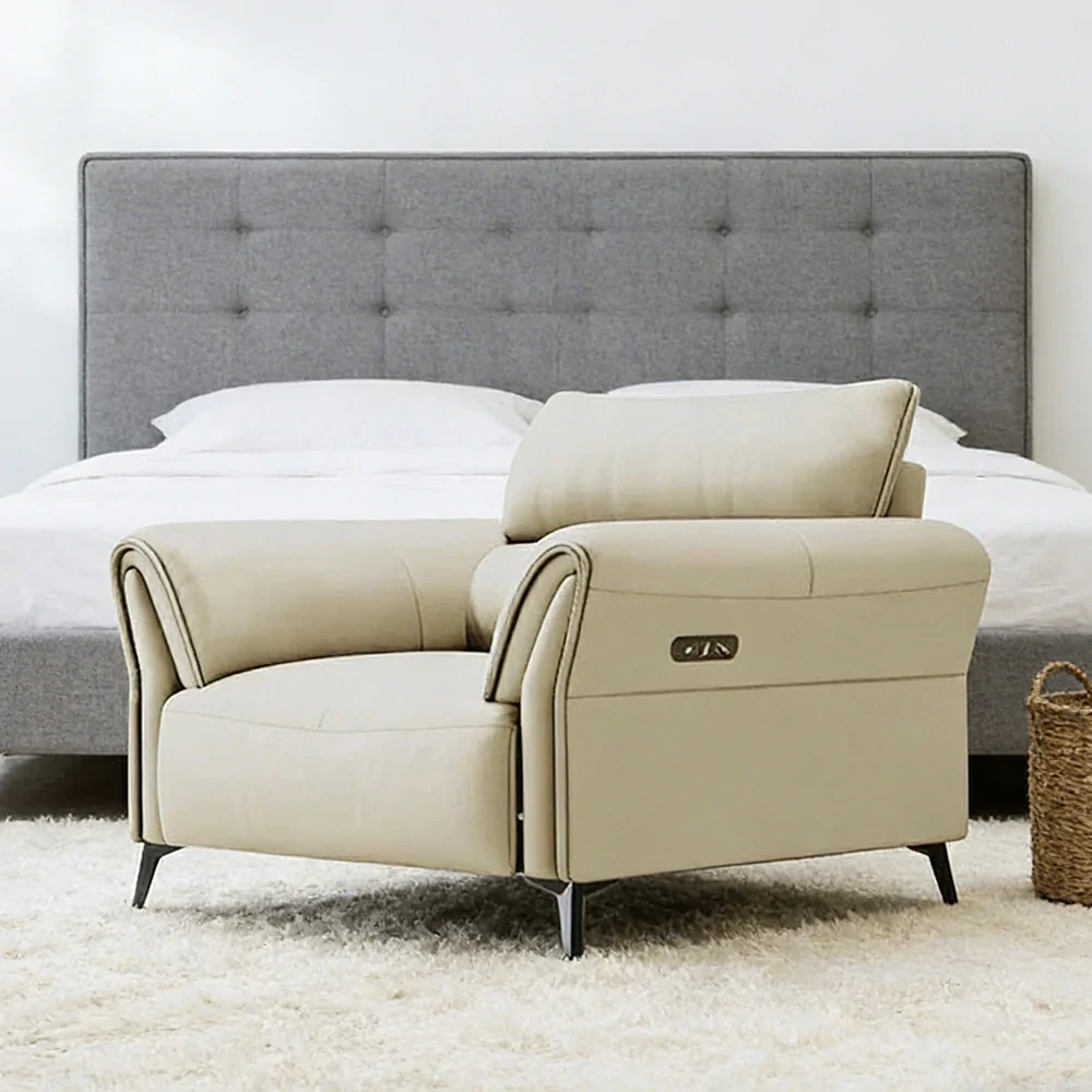 LIVARA Electric Recliner Sofa 106cm Single Seat Wide-Angle Adjustment Top-Grain Leather Ergonomic Comfort Design - Beige - Image 2