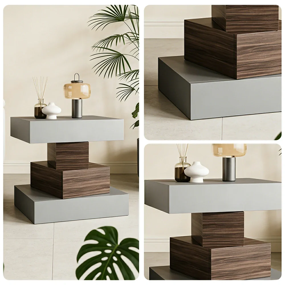 LIVARA Bedside Table - Four Drawer Storage, Leather Upholstery, 50cm Nightstand for Bedroom - Light Grey & Walnut - Image 3