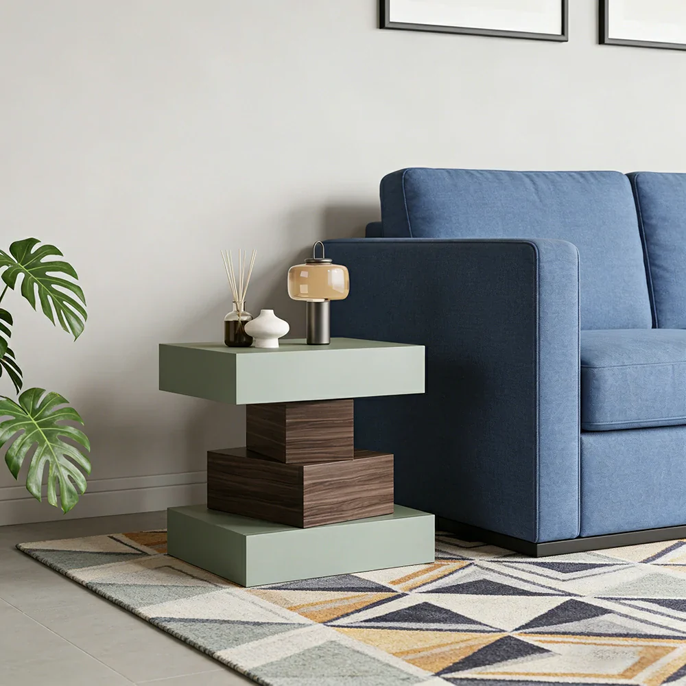 LIVARA Bedside Table - Four Drawer Storage, Leather Upholstery, 50cm Nightstand for Bedroom - Avocado Green & Walnut - Image 2