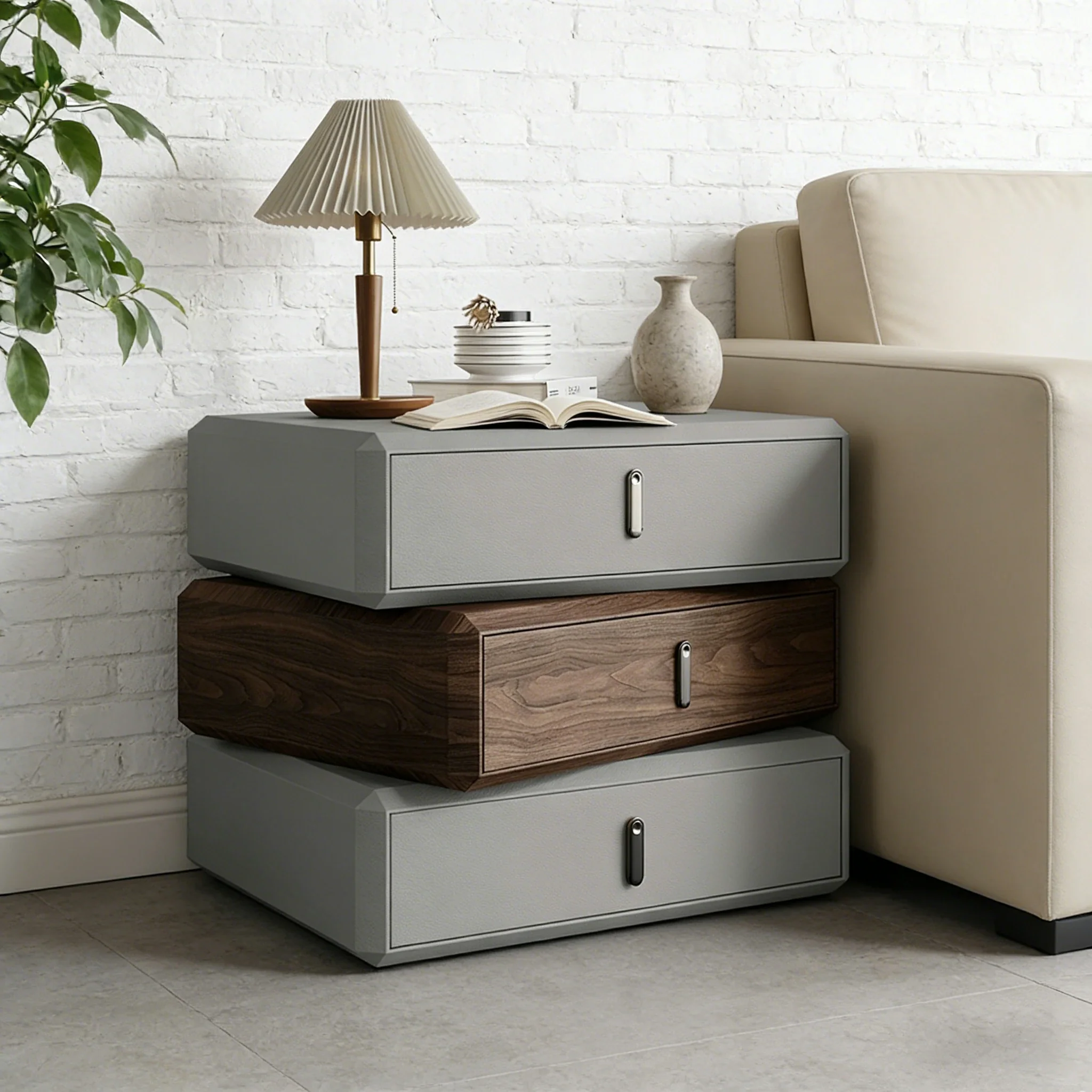 LIVARA Bedside Table - Solid Wood Storage Nightstand for Bedroom - Light Grey & Walnut - Image 2