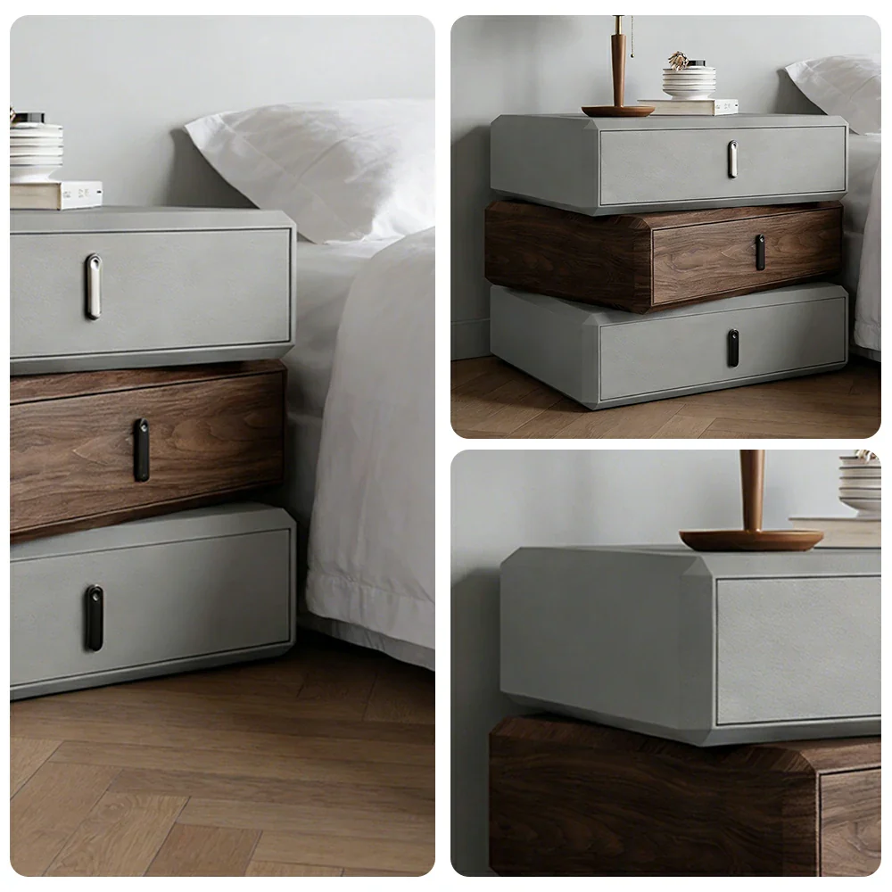 LIVARA Bedside Table - Solid Wood Storage Nightstand for Bedroom - Light Grey & Walnut - Image 3