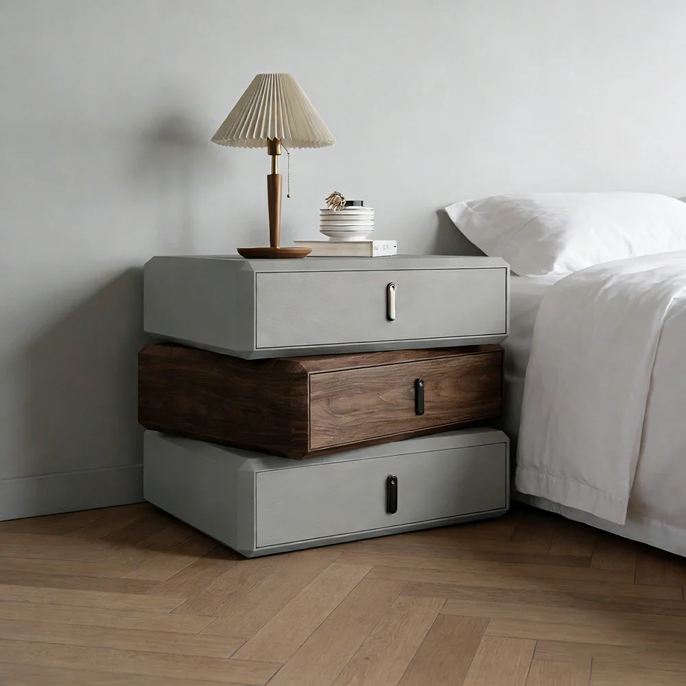 LIVARA Bedside Table - Solid Wood Storage Nightstand for Bedroom - Light Grey & Walnut - Image 4