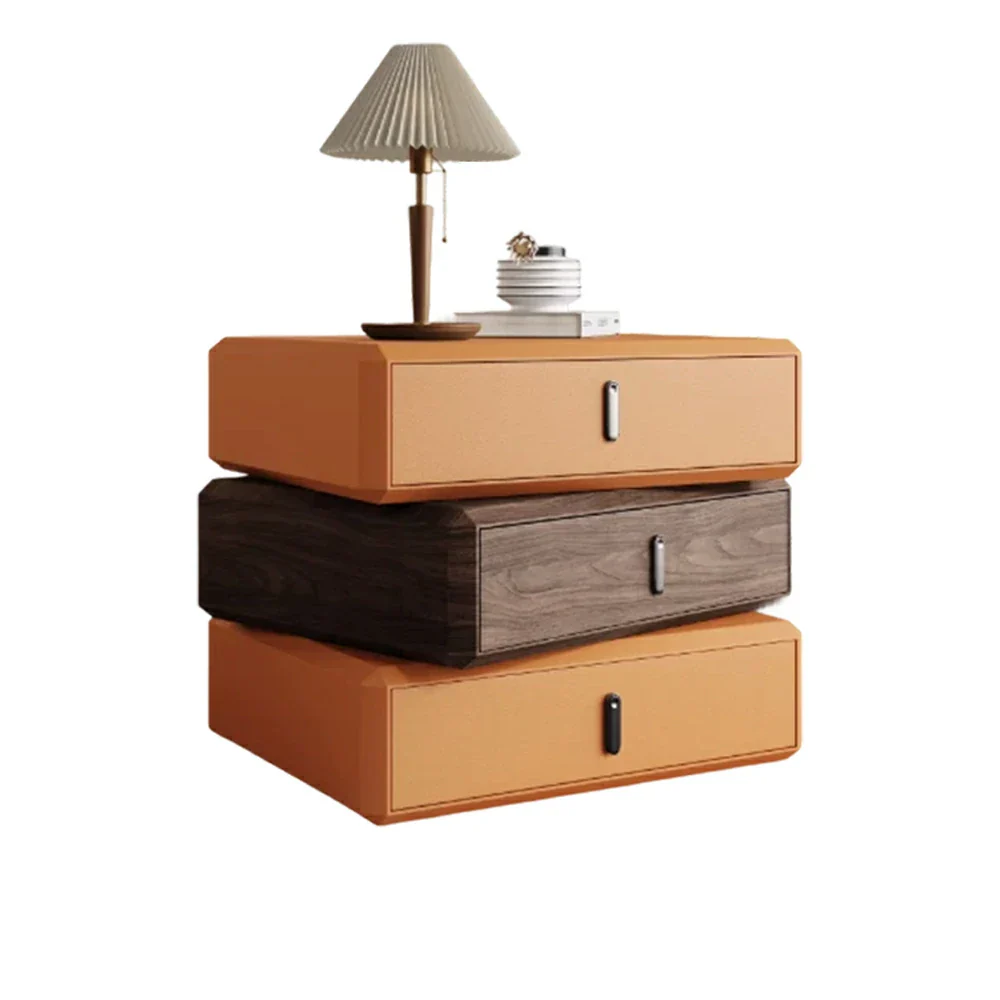 LIVARA Bedside Table - Solid Wood Storage Nightstand for Bedroom - Orange & Walnut