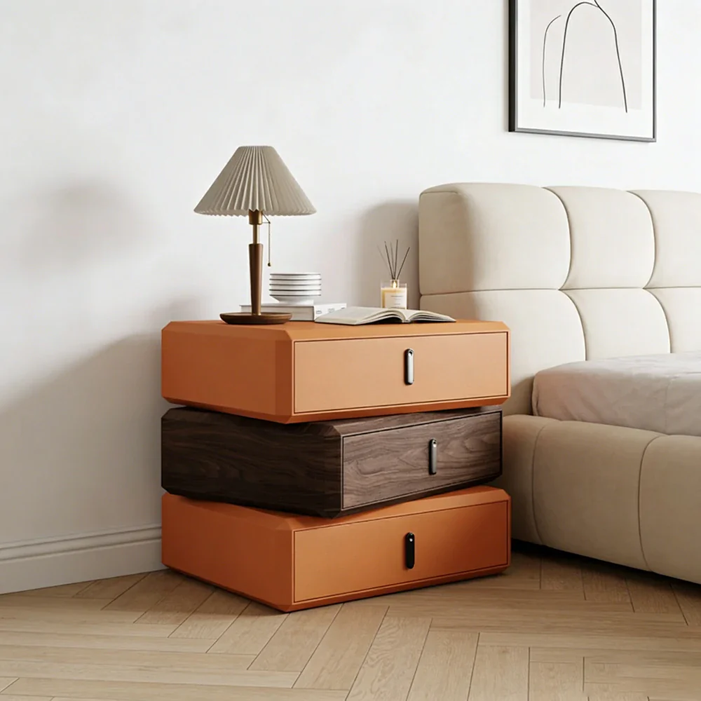 LIVARA Bedside Table - Solid Wood Storage Nightstand for Bedroom - Orange & Walnut - Image 2