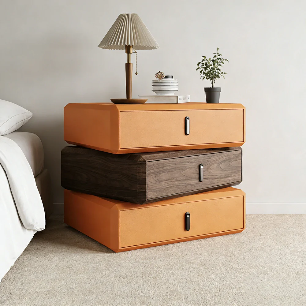 LIVARA Bedside Table - Solid Wood Storage Nightstand for Bedroom - Orange & Walnut - Image 4
