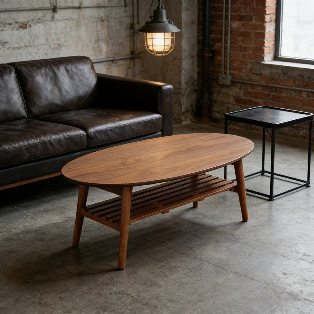 LUXORA Oval Foldable Coffee Table - Solid Wood Frame with Open Storage Shelf, Space-Saving Low Living Room Centre Table - Walnut - Image 2