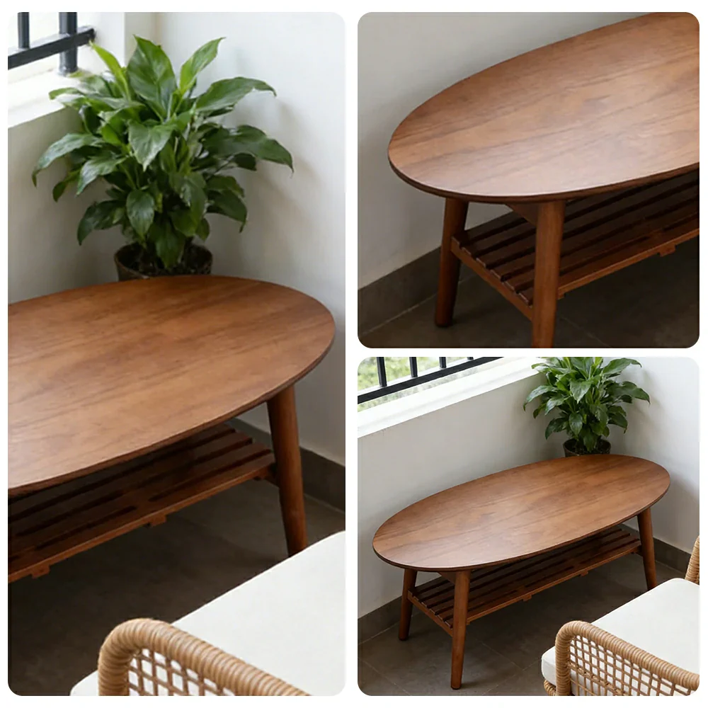 LUXORA Oval Foldable Coffee Table - Solid Wood Frame with Open Storage Shelf, Space-Saving Low Living Room Centre Table - Walnut - Image 3