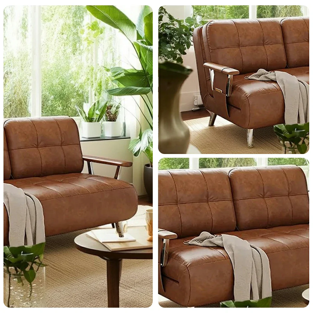 LIVARA 134/164cm Sofa Bed, 2-in-1 Design, High-Density Foam, Cat-Scratch Leather, Adjustable Angles, Durable & Waterproof - Brown - Image 3