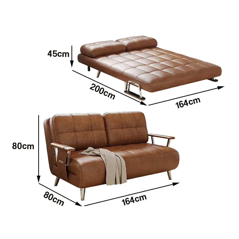 LIVARA 134/164cm Sofa Bed, 2-in-1 Design, High-Density Foam, Cat-Scratch Leather, Adjustable Angles, Durable & Waterproof - Brown - Image 6