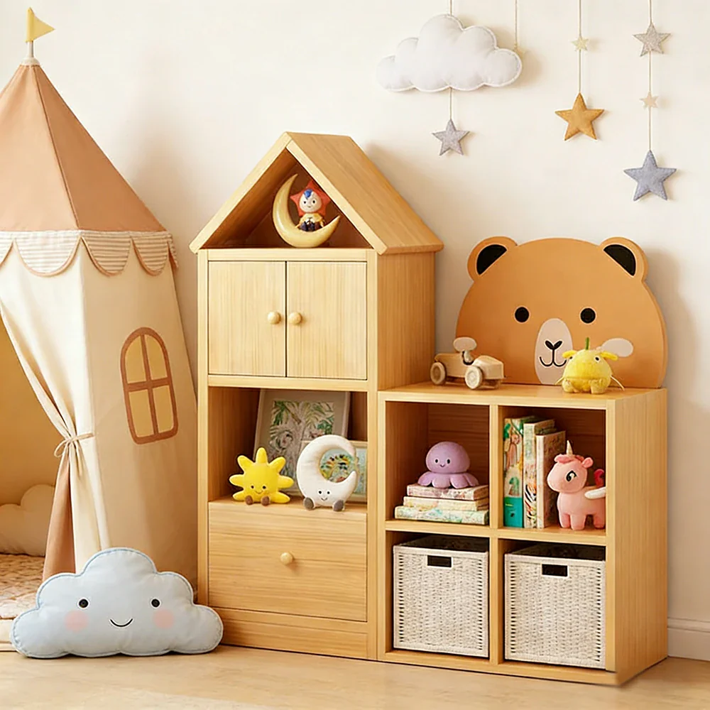 LIVARA Kids House Storage Cabinet - Solid Wood 4/5-Cube Organiser with Anti-Collision Corners, Large Capacity for Toys & Books - Natural Wood - Image 5