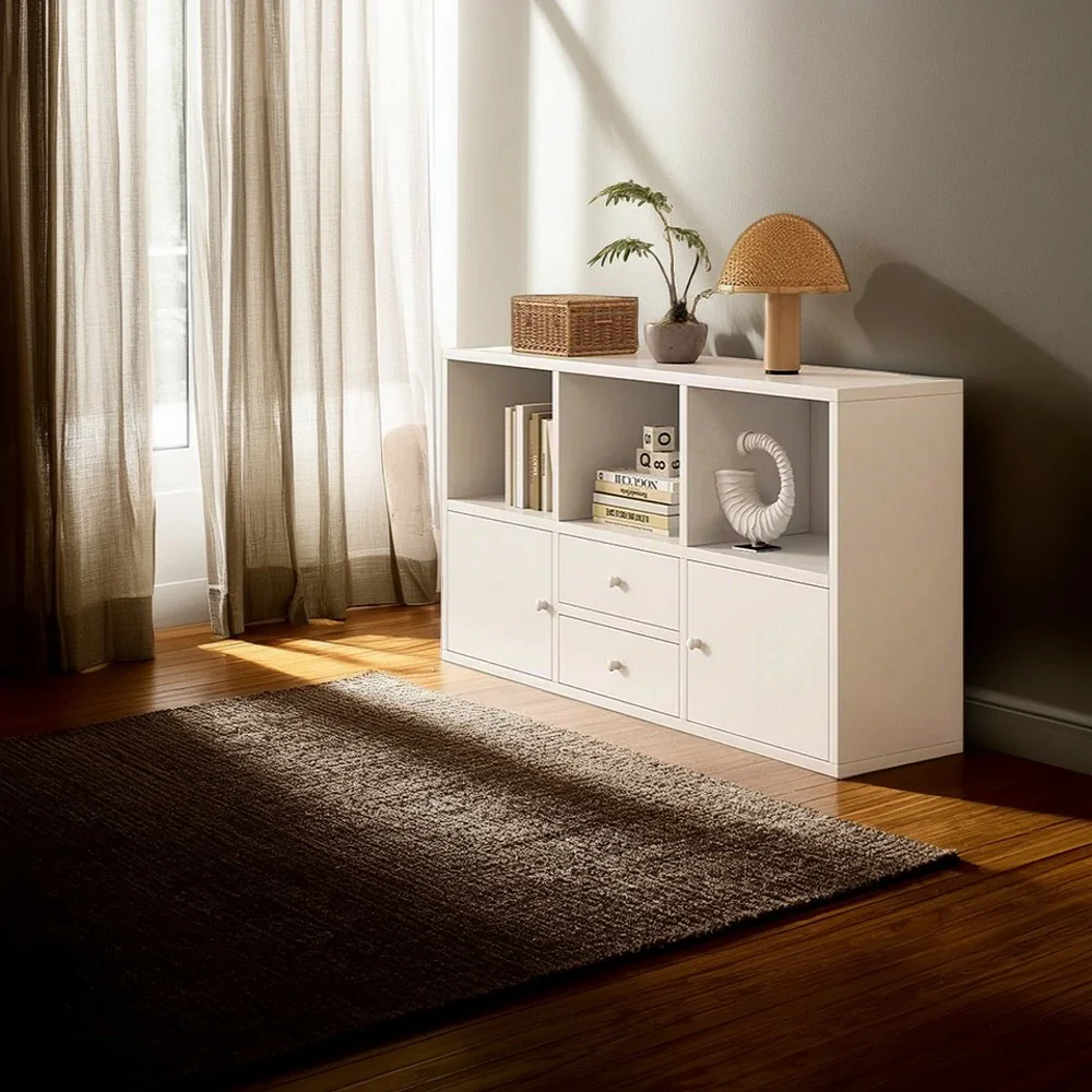LIVARA Storage Cabinet with Doors & Drawers - 6/8-Cube Organiser, Large Capacity Shelving for Living Room & Bedroom - White - Image 4