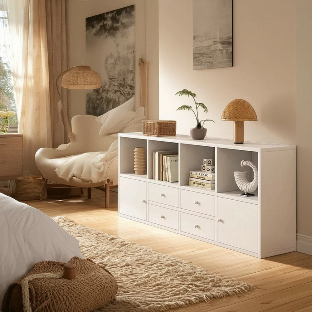 LIVARA Storage Cabinet with Doors & Drawers - 6/8-Cube Organiser, Large Capacity Shelving for Living Room & Bedroom - White - Image 7