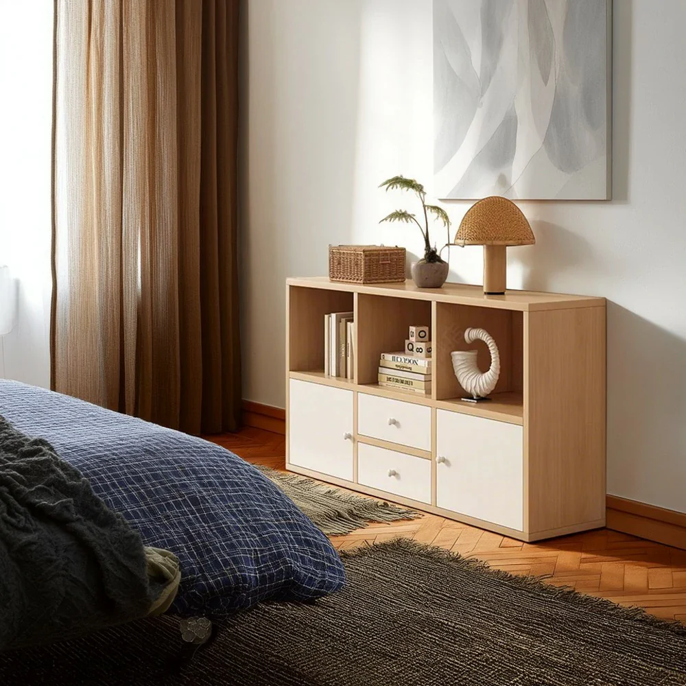 LIVARA Storage Cabinet with Doors & Drawers - 6/8-Cube Organiser, Large Capacity Shelving for Living Room & Bedroom - Beech - Image 2