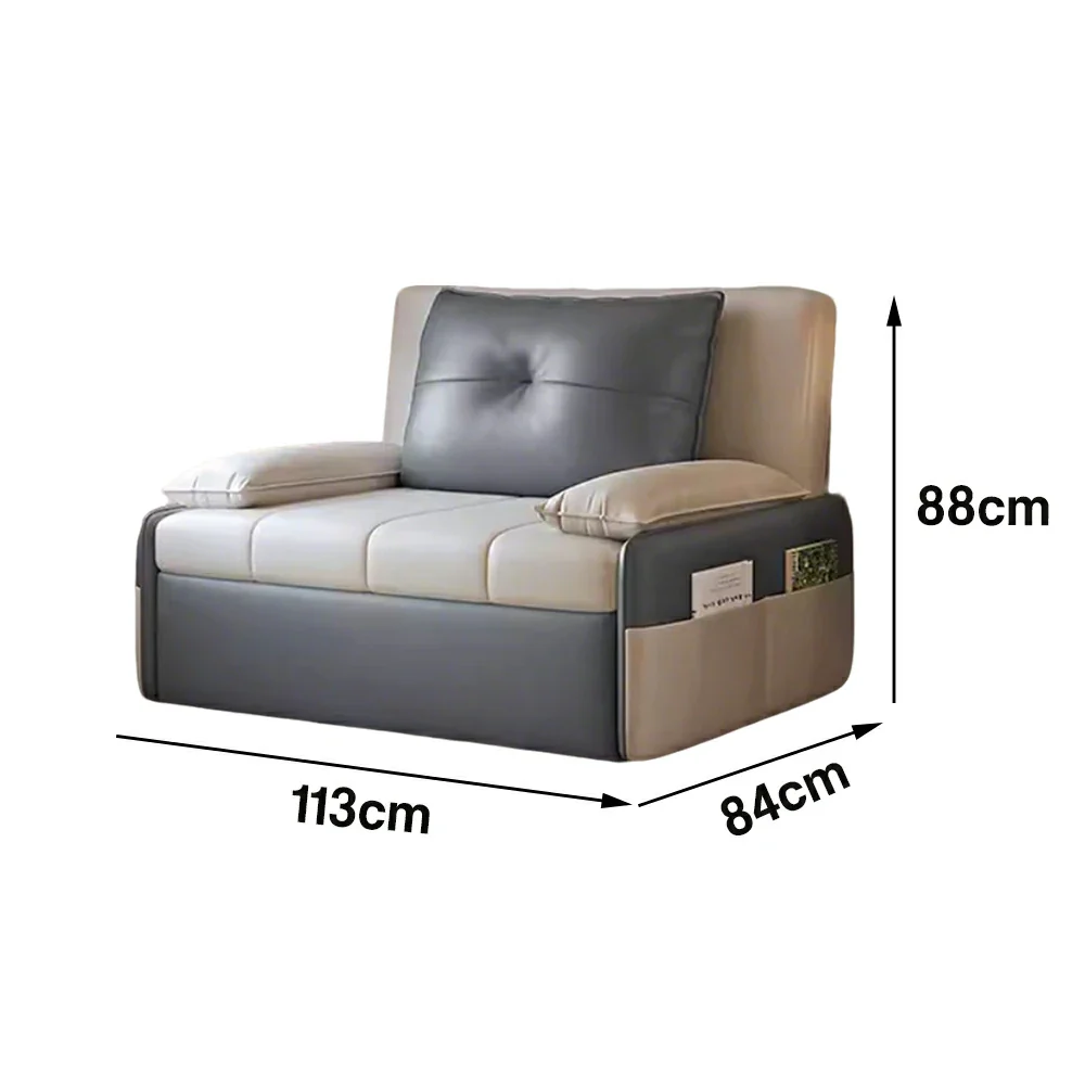 LIVARA 77/113cm Sofa Bed, Sofa to Bed Design, Leather-Look Performance Fabric, Steel Frame, Side Storage Pocket - Beige&Grey - Image 6