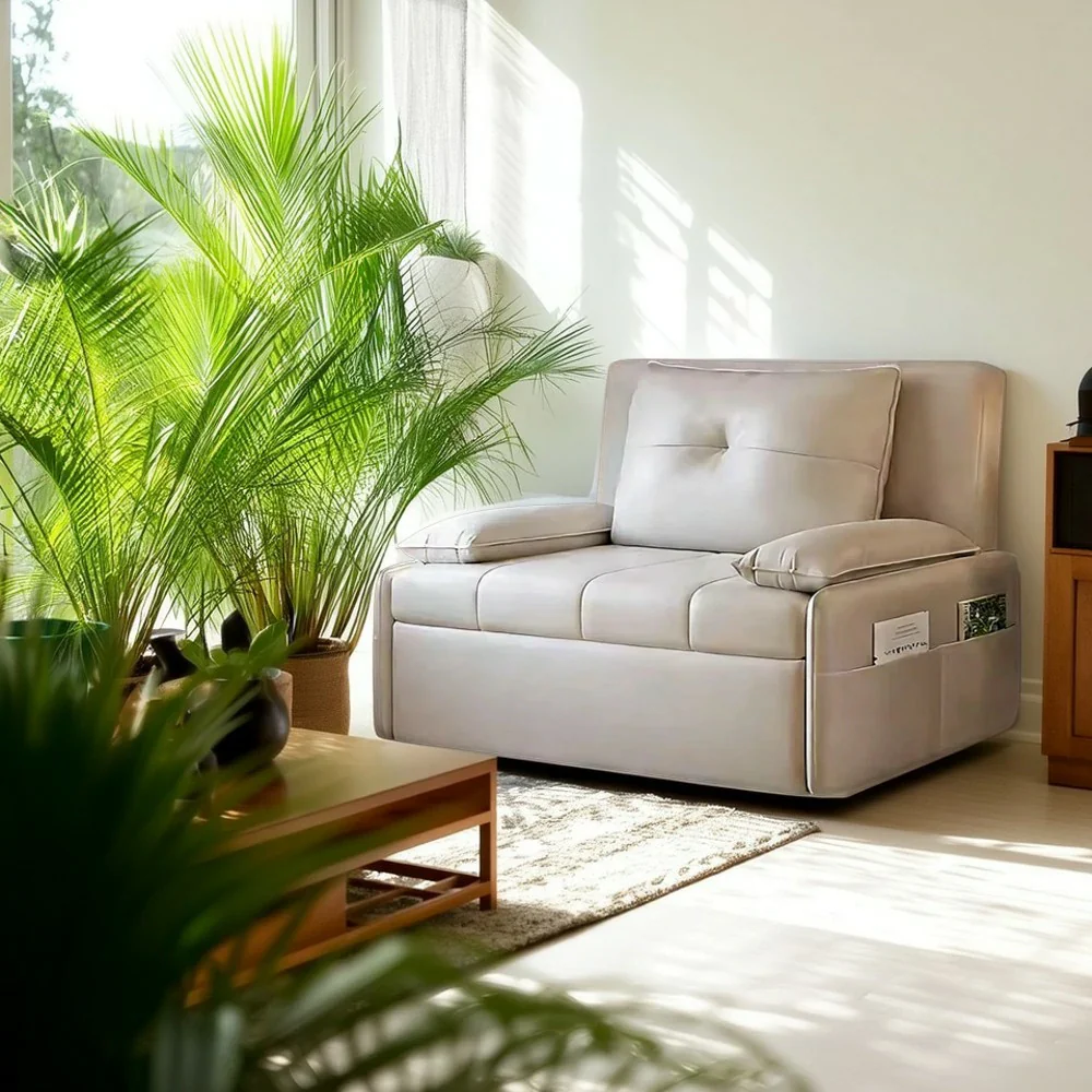 LIVARA 77/113cm Sofa Bed, Sofa to Bed Design, Leather-Look Performance Fabric, Steel Frame, Side Storage Pocket - Beige - Image 2