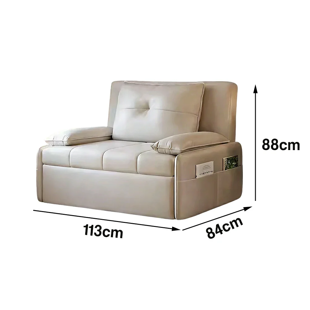LIVARA 77/113cm Sofa Bed, Sofa to Bed Design, Leather-Look Performance Fabric, Steel Frame, Side Storage Pocket - Beige - Image 6