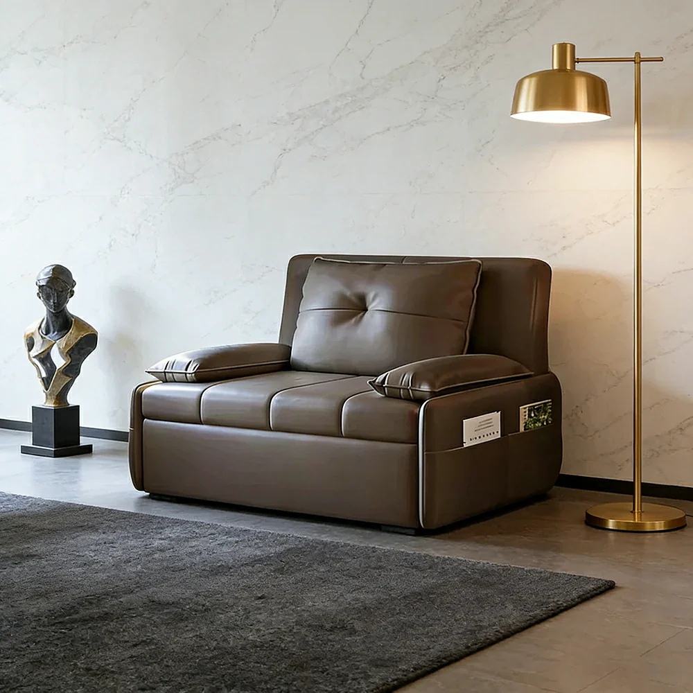 LIVARA 77/113cm Sofa Bed, Sofa to Bed Design, Leather-Look Performance Fabric, Steel Frame, Side Storage Pocket - Coffee - Image 4