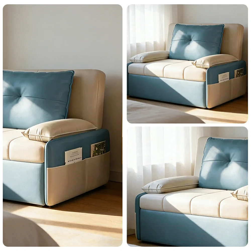 LIVARA 77/113cm Sofa Bed, Sofa to Bed Design, Leather-Look Performance Fabric, Steel Frame, Side Storage Pocket - Beige&Blue - Image 3