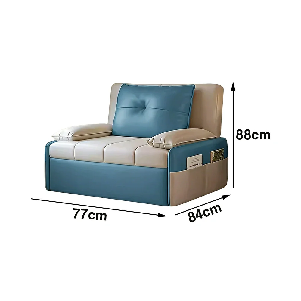 LIVARA 77/113cm Sofa Bed, Sofa to Bed Design, Leather-Look Performance Fabric, Steel Frame, Side Storage Pocket - Beige&Blue - Image 5