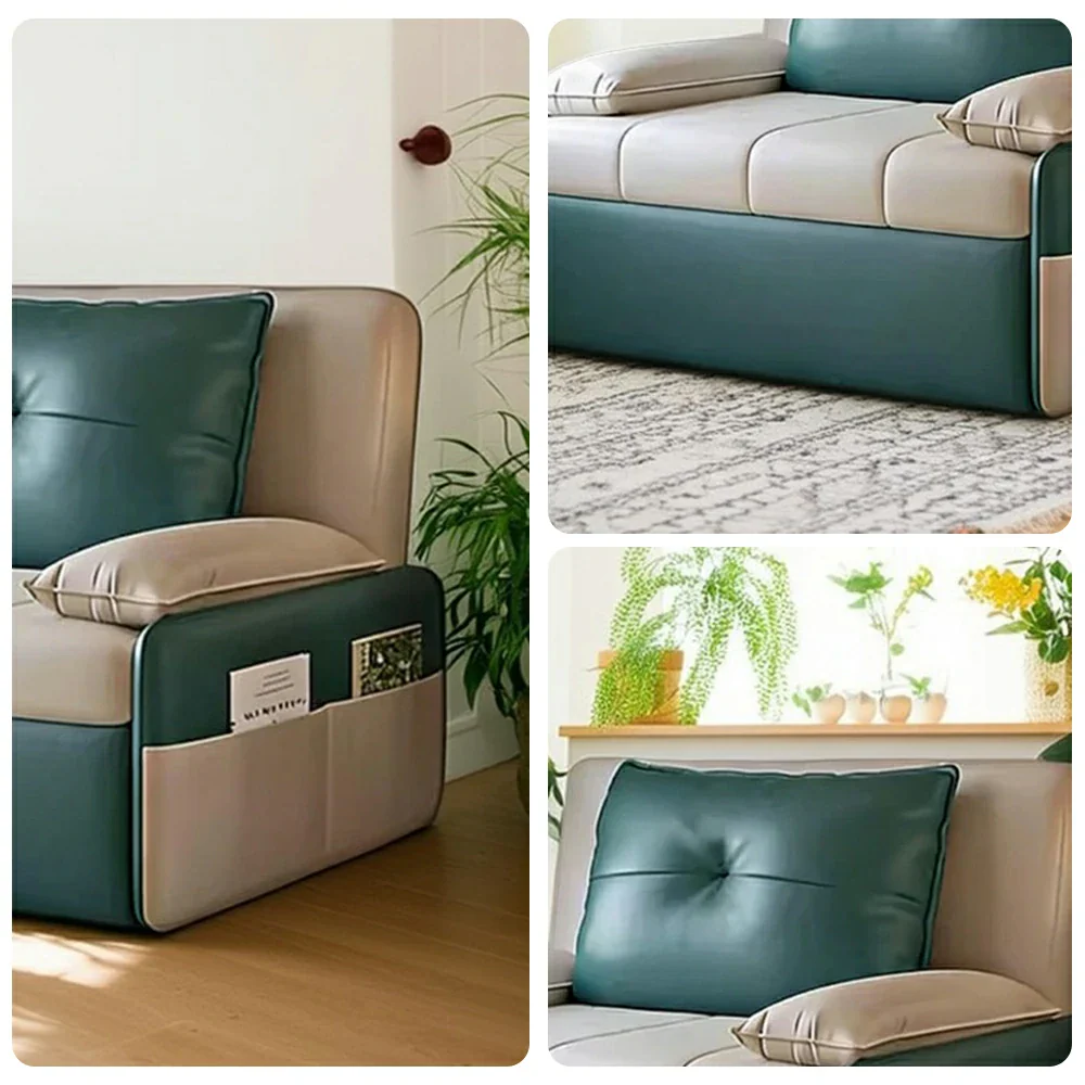 LIVARA 77/113cm Sofa Bed, Sofa to Bed Design, Leather-Look Performance Fabric, Steel Frame, Side Storage Pocket - Beige&Green - Image 3
