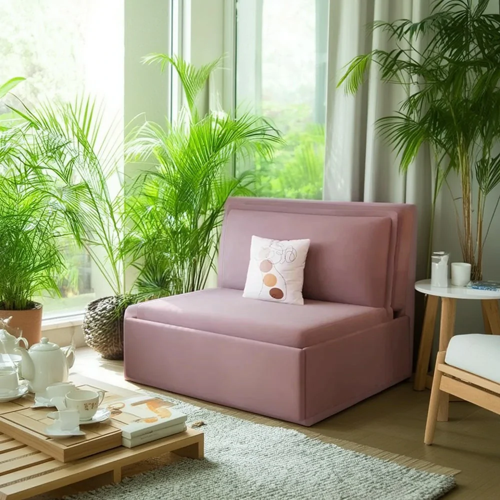 LIVARA 82/102cm Sofa Bed, Sofa to Bed Convertible Design, Soft Velvet Upholstery, Carbon Steel Frame, Removable Cover with Rollers - Pink - Image 2