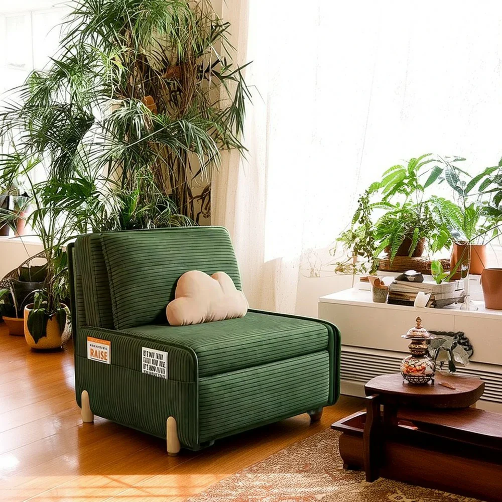 LIVARA 77/113cm Sofa Bed, Sit Lounge Sleep Design, Soft Corduroy Upholstery, Steel Frame, Dual Side Storage Pockets - Green - Image 4