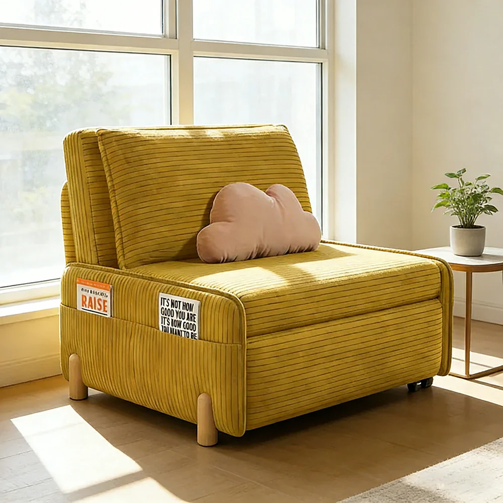 LIVARA 77/113cm Sofa Bed, Sit Lounge Sleep Design, Soft Corduroy Upholstery, Steel Frame, Dual Side Storage Pockets - Yellow - Image 2