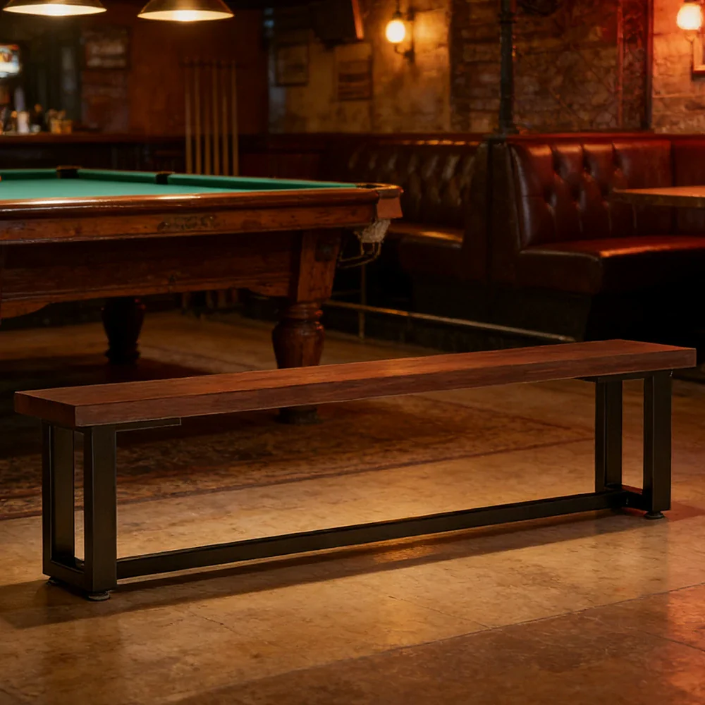 LIVARA 120/140cm Solid Wood Bench Seating - Heavy-Duty Dining & Pool Table Bench with Metal Frame, Multi-Purpose Long Bench for Home & Game Rooms - Walnut Brown - Image 2