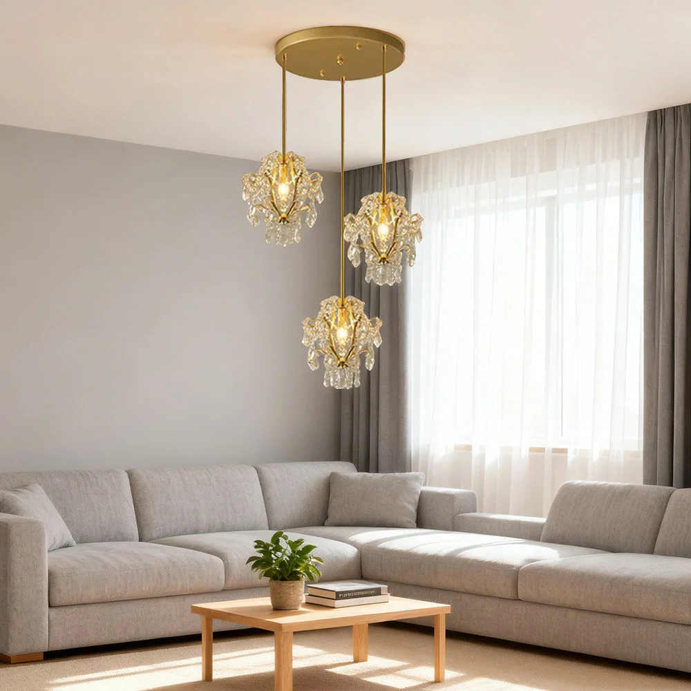 LIVARA Pendant Ligh E14 Lamp Holder Electroplated Iron Crystal Pendant Adjustable Chain - Elegant & Safe for Indoor Spaces - Image 4
