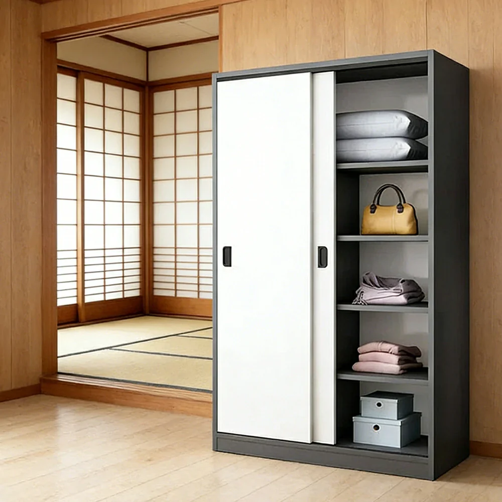 LIVARA 100/120cm Sliding Door Wardrobe - Quiet Glide Track System, High-Density MDF Construction, Spacious Storage with Solid Timber Rail - Black&White - Image 4