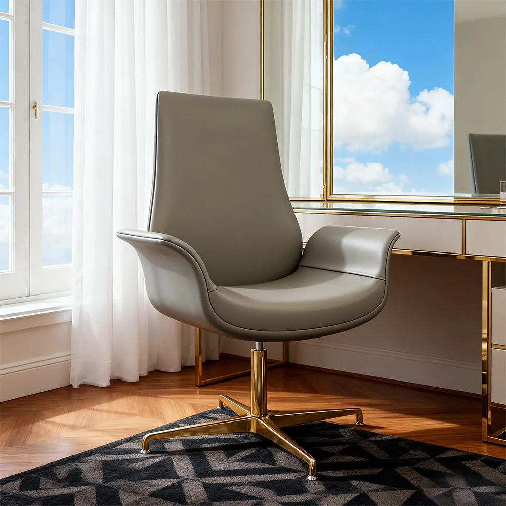LIVARA Office Chair – Ergonomic Wide Backrest, Nappa Leather, High-Density Foam, Fixed Armrests, Gas Lift & 360° Swivel - Grey - Image 4