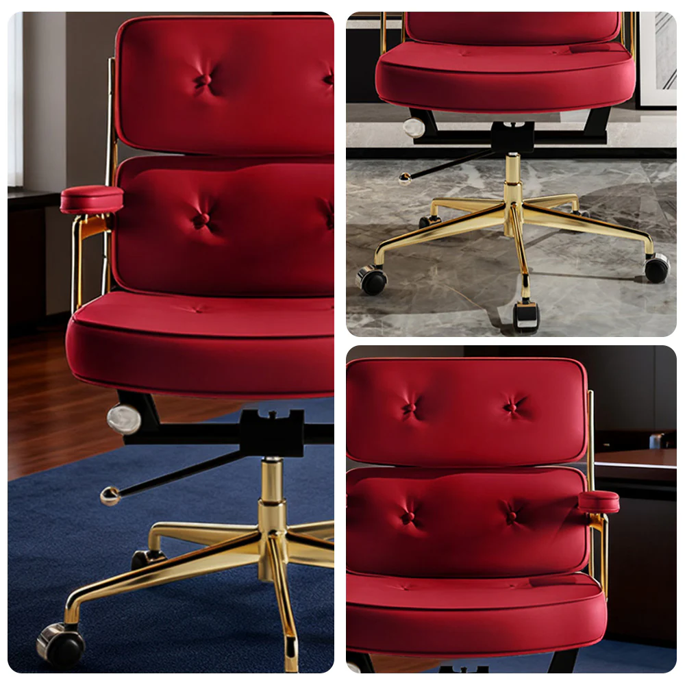 LIVARA Office Chair Tufted Backrest & Arm Support, Nappa Leather, High-Density Foam, Gas Lift & 360° Swivel - Wine - Image 3