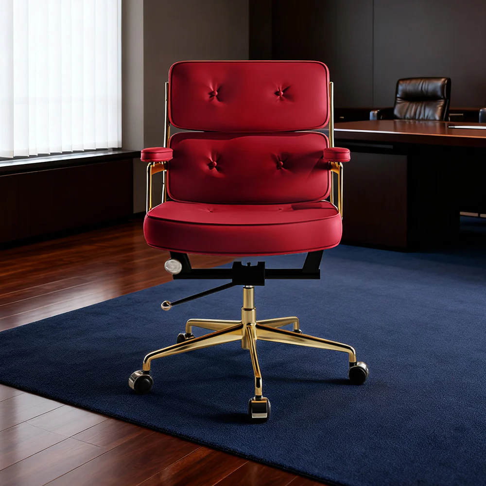 LIVARA Office Chair Tufted Backrest & Arm Support, Nappa Leather, High-Density Foam, Gas Lift & 360° Swivel - Wine - Image 4