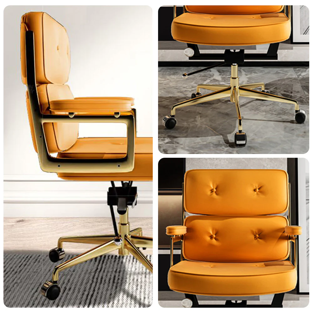 LIVARA Office Chair Tufted Backrest & Arm Support, Nappa Leather, High-Density Foam, Gas Lift & 360° Swivel - Yellow - Image 3