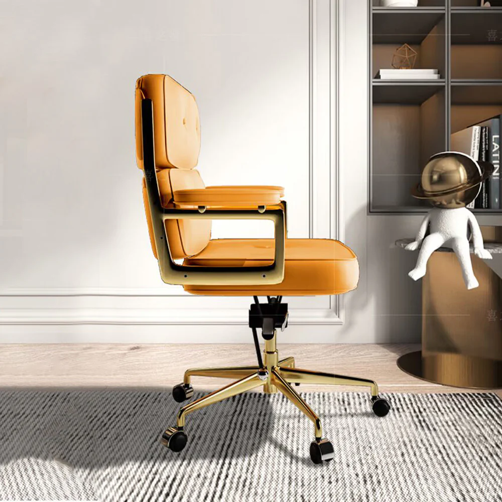LIVARA Office Chair Tufted Backrest & Arm Support, Nappa Leather, High-Density Foam, Gas Lift & 360° Swivel - Yellow - Image 4