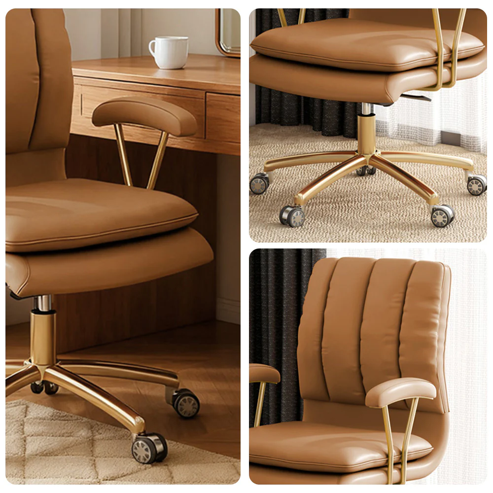 LIVARA Office Chair Microfiber Leather, High-Density Foam, 360° Swivel & Adjustable Height, Stainless Steel Base - Khaki - Image 3