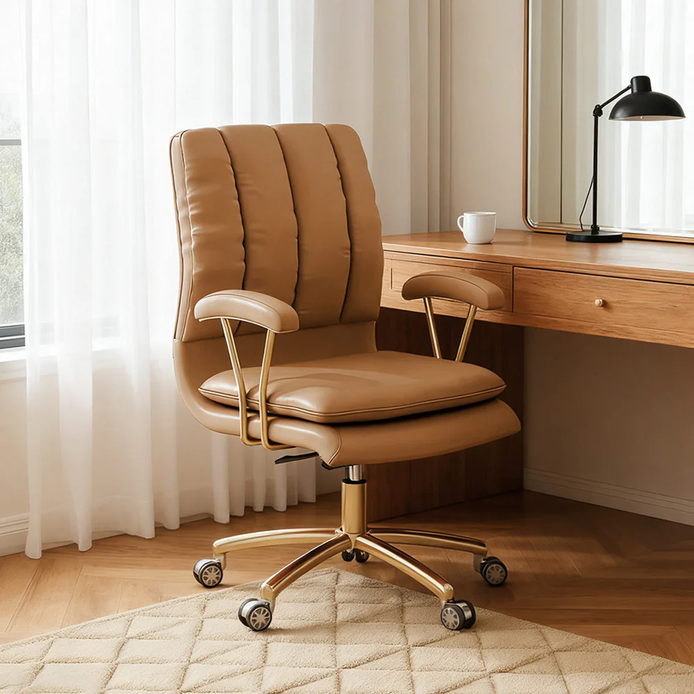 LIVARA Office Chair Microfiber Leather, High-Density Foam, 360° Swivel & Adjustable Height, Stainless Steel Base - Khaki - Image 4