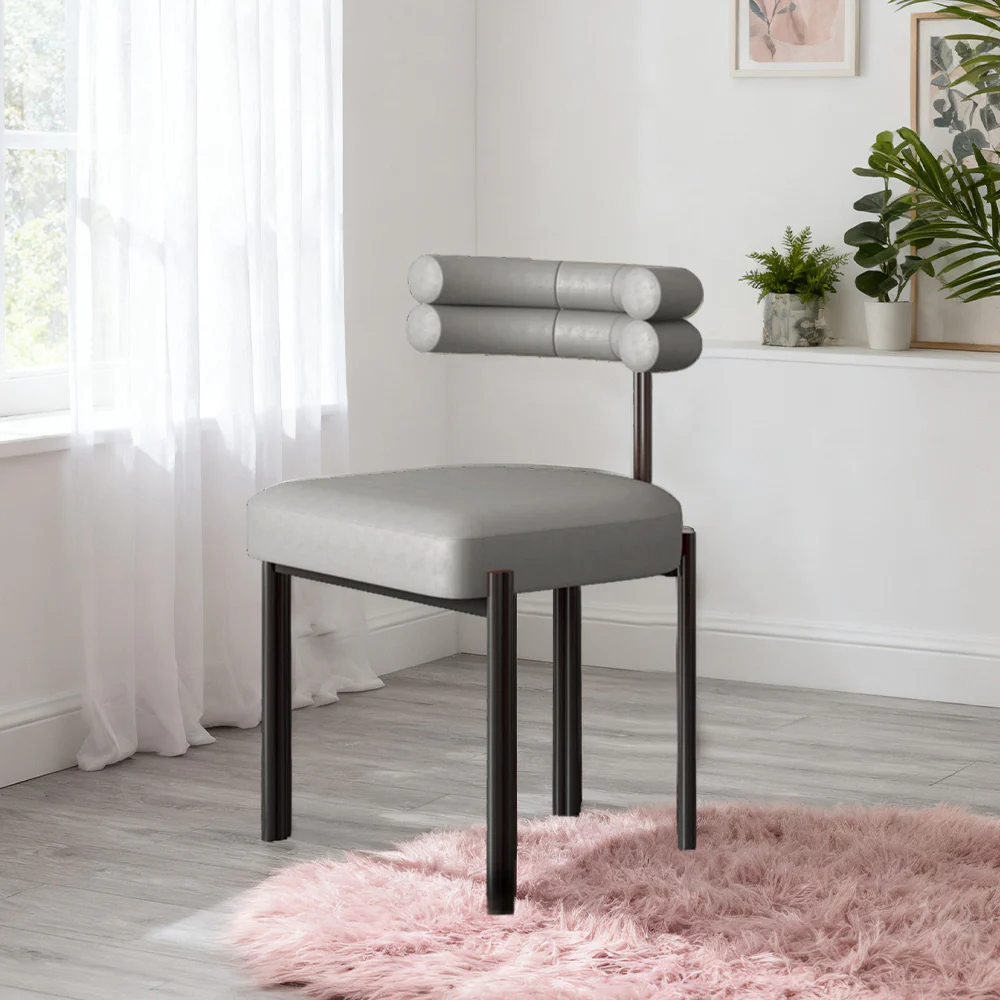 LIVARA Dining Chair Semi-Enclosed Design, Nappa Leather & Fabric, High-Density Foam, Carbon Steel Frame - Grey - Image 2