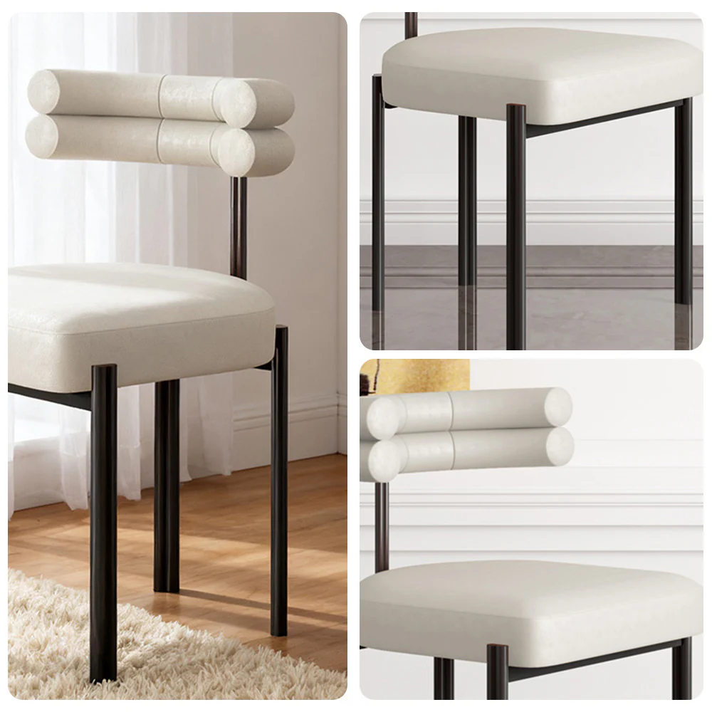 LIVARA Dining Chair Semi-Enclosed Design, Nappa Leather & Fabric, High-Density Foam, Carbon Steel Frame - White - Image 3