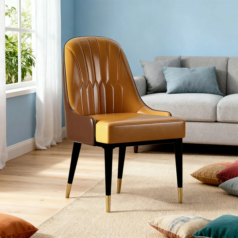 LIVARA Dining Chair – Premium Faux Leather Upholstery, Ergonomic Vertical-Stitched Backrest, High-Density Cushion, Sturdy Metal Legs with Gold-Tipped Design - Orange - Image 2