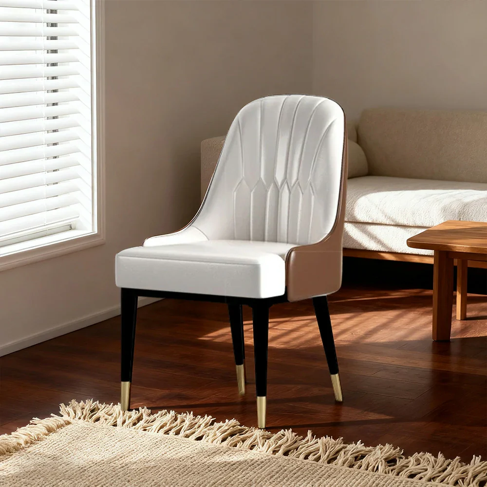 LIVARA Dining Chair – Premium Faux Leather Upholstery, Ergonomic Vertical-Stitched Backrest, High-Density Cushion, Sturdy Metal Legs with Gold-Tipped Design - White - Image 4