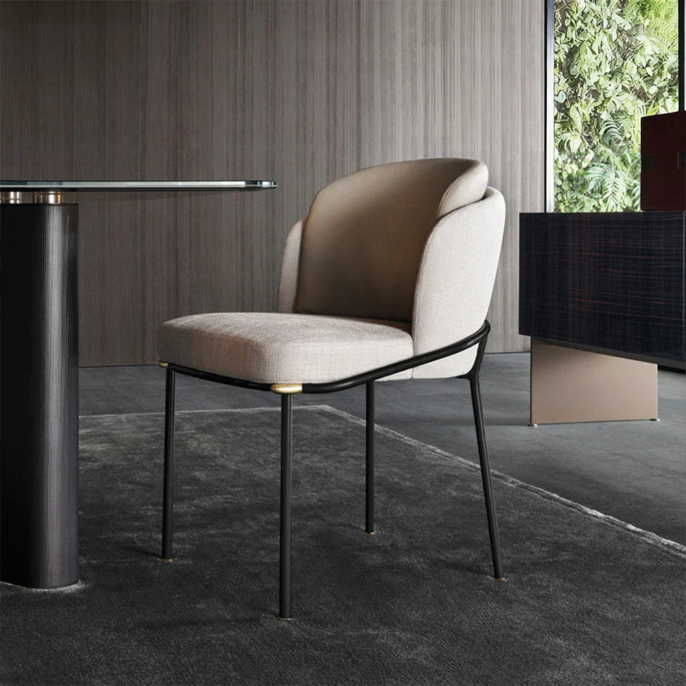 LIVARA Dining Chair – Premium Fabric & Faux Leather Upholstery, Ergonomic Curved Backrest, High-Density Cushion, Sturdy Metal Frame with Gold Accents - Beige - Image 2