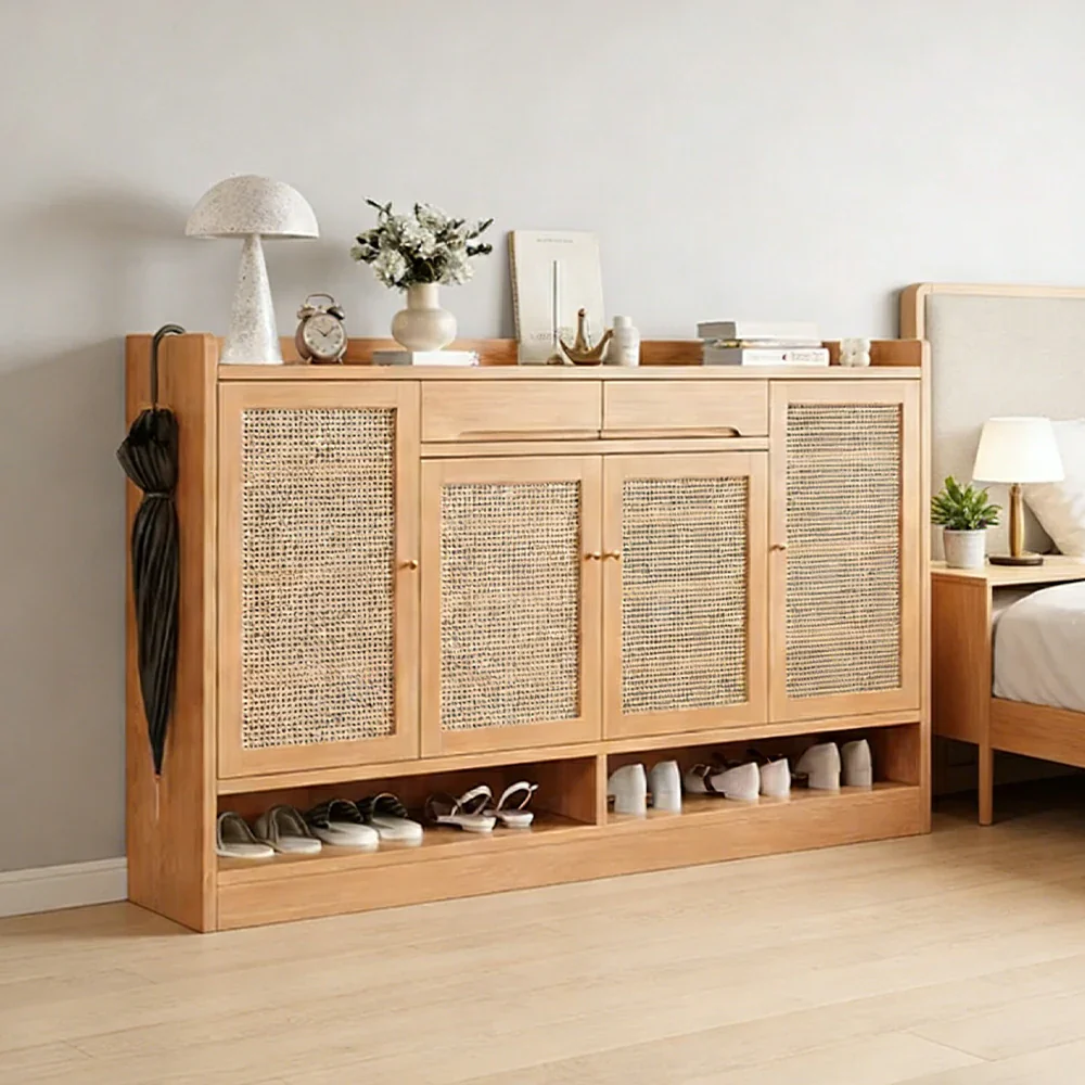 LIVARA 120/140cm Freestanding Shoe Cabinet with PVC Woven Doors - Breathable Moisture-Resistant Design, Spacious Multi-Tier Storage, Copper Handles - Image 2