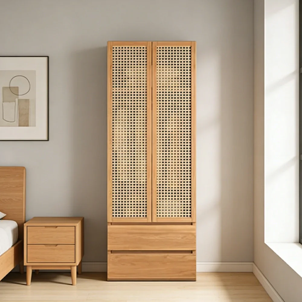 LIVARA 80cm Rattan Storage Cabinet - Multi-Zone Wardrobe Design with Solid Finnish Pine Wood, Breathable PVC Doors & Spacious Drawers - Image 2