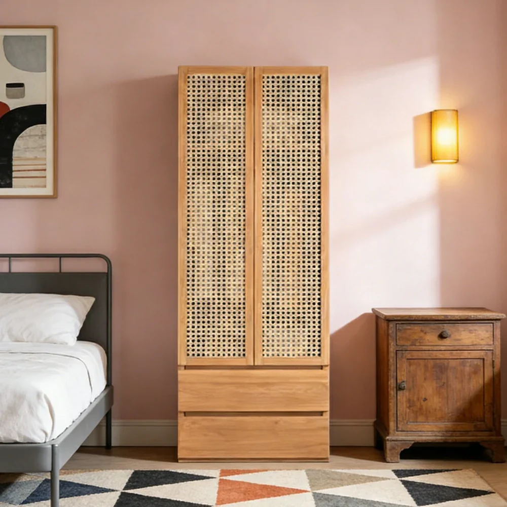 LIVARA 80cm Rattan Storage Cabinet - Multi-Zone Wardrobe Design with Solid Finnish Pine Wood, Breathable PVC Doors & Spacious Drawers - Image 4