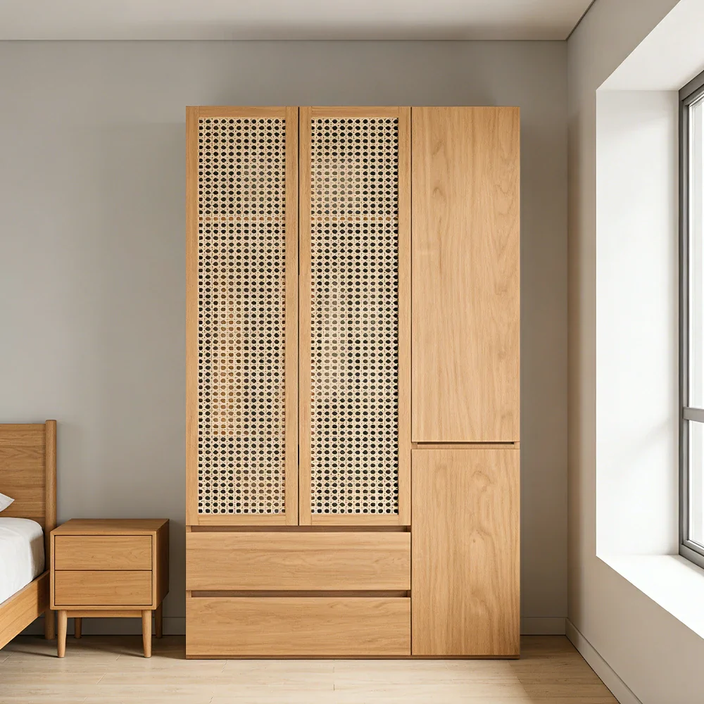 LIVARA 120cm Rattan Storage Cabinet - Multi-Zone Wardrobe Design with Solid Finnish Pine Wood, Breathable PVC Doors & Spacious Drawers - Image 2
