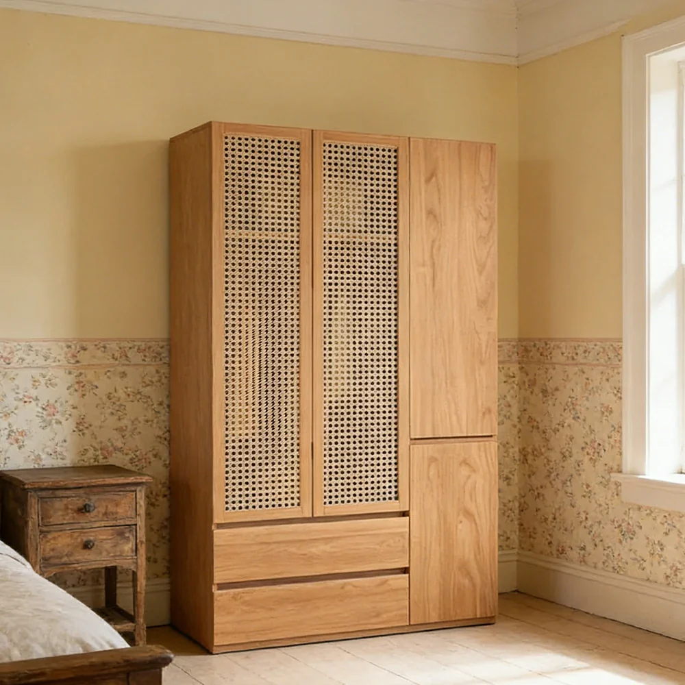LIVARA 120cm Rattan Storage Cabinet - Multi-Zone Wardrobe Design with Solid Finnish Pine Wood, Breathable PVC Doors & Spacious Drawers - Image 4